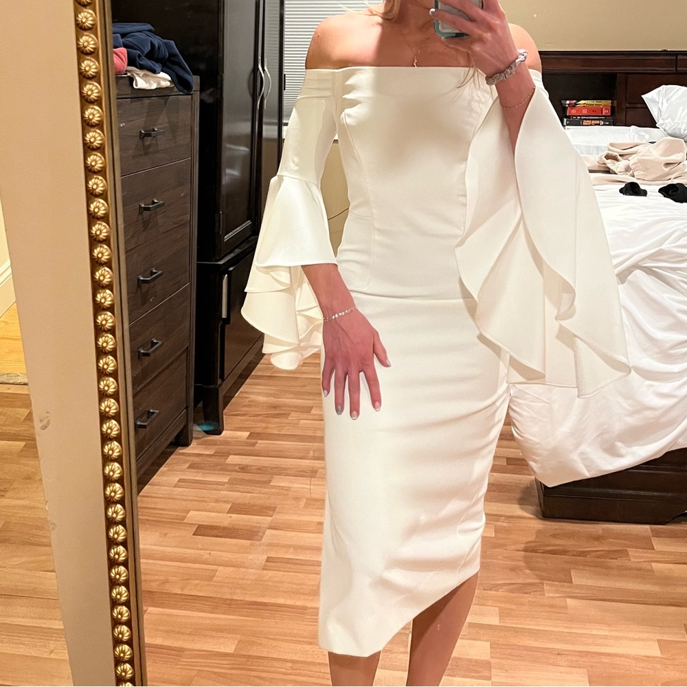 Milly Italian Cady Selena ruffle bell Slit Dress white bridal shower bach